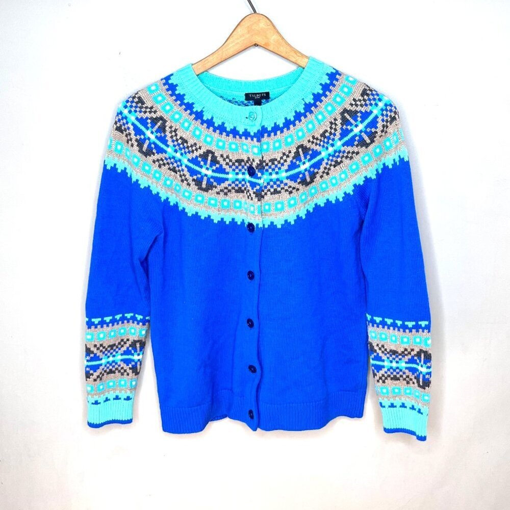 Talbots Petites Blue Fair Isle Cardigan Sweater Lp 70% Nylon 30% Lambswool